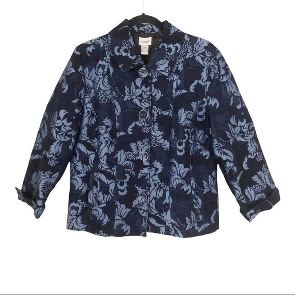 Chico’s Navy Blue/Light Blue Textured Button Down Blazer Jacket Size Large - Picture 1 of 8